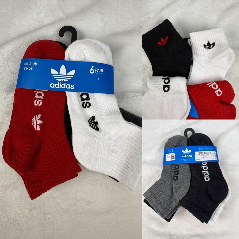Adidas Originals Kids 6 Pair Trefoil Quarter Socks Red White Black Grey 2Y-5Y M